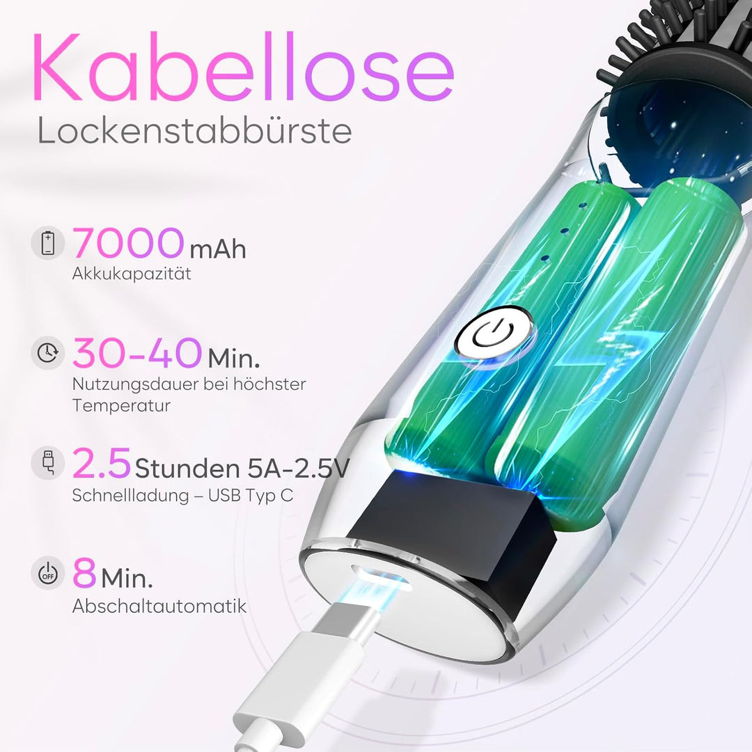 Kabellose Lockenstabbürste, 2024 NEU Tragbare Reise-Lockenstab-Minibürste für Frauen, 7000 mAh USB-a