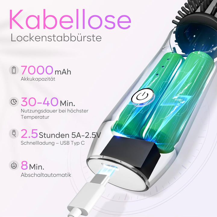 Kabellose Lockenstabbürste, 2024 NEU Tragbare Reise-Lockenstab-Minibürste für Frauen, 7000 mAh USB-a