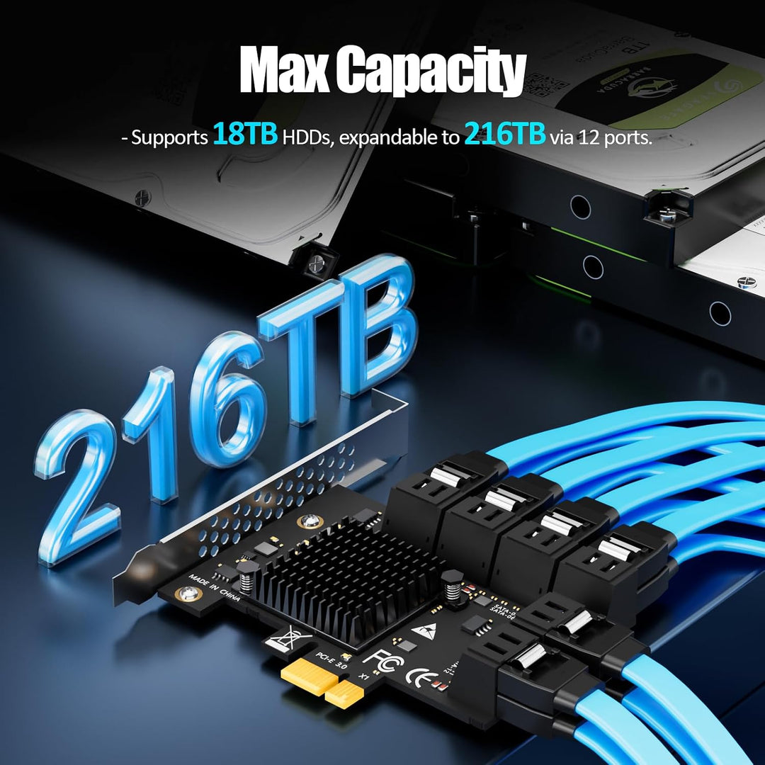 glotrends PCIe SATA Adapterkarte mit 12 Port SATA III 6Gbps (inklusive SATA Kabel und 15PIN SATA Spl