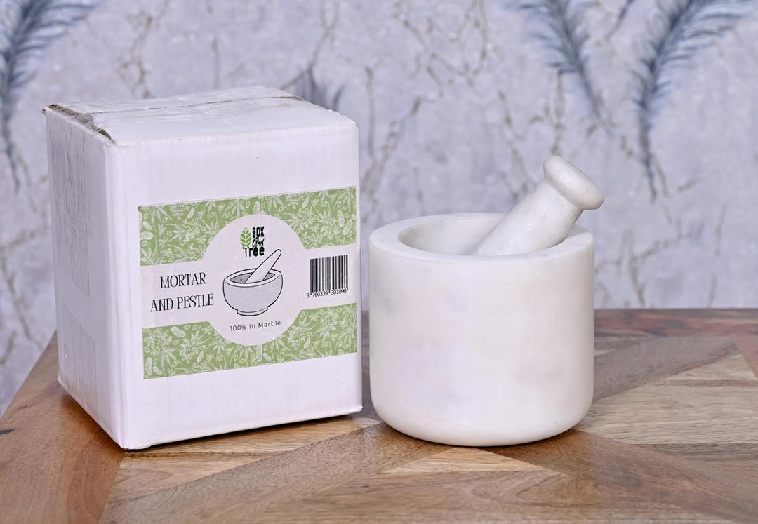 Mörser und Stössel aus natürlichem weissem Marmor, handgefertigtes Kunsthandwerk für Gewürze, Pesto,
