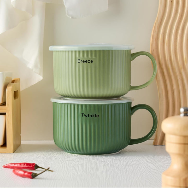 Keramik Suppenschalen mit Griff und Deckel, 750 ml Grosse Suppentasse für Suppe, Instant-Nudel, Müsl