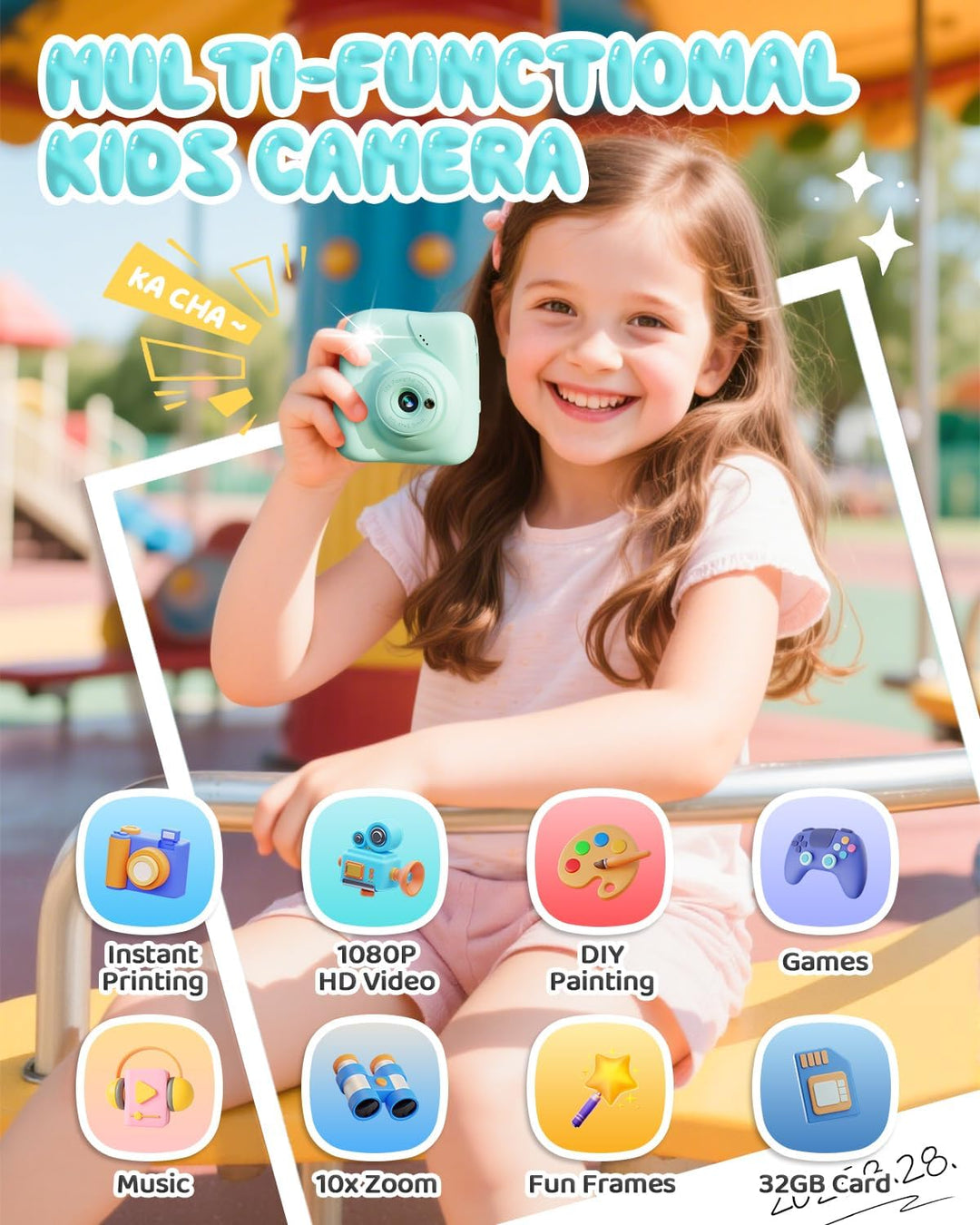 CAMCLID Kinderkamera Sofortbildkamera, 1080P Sofortbildkamera Kinder mit 32GB Karte & 3 Rollen Druck