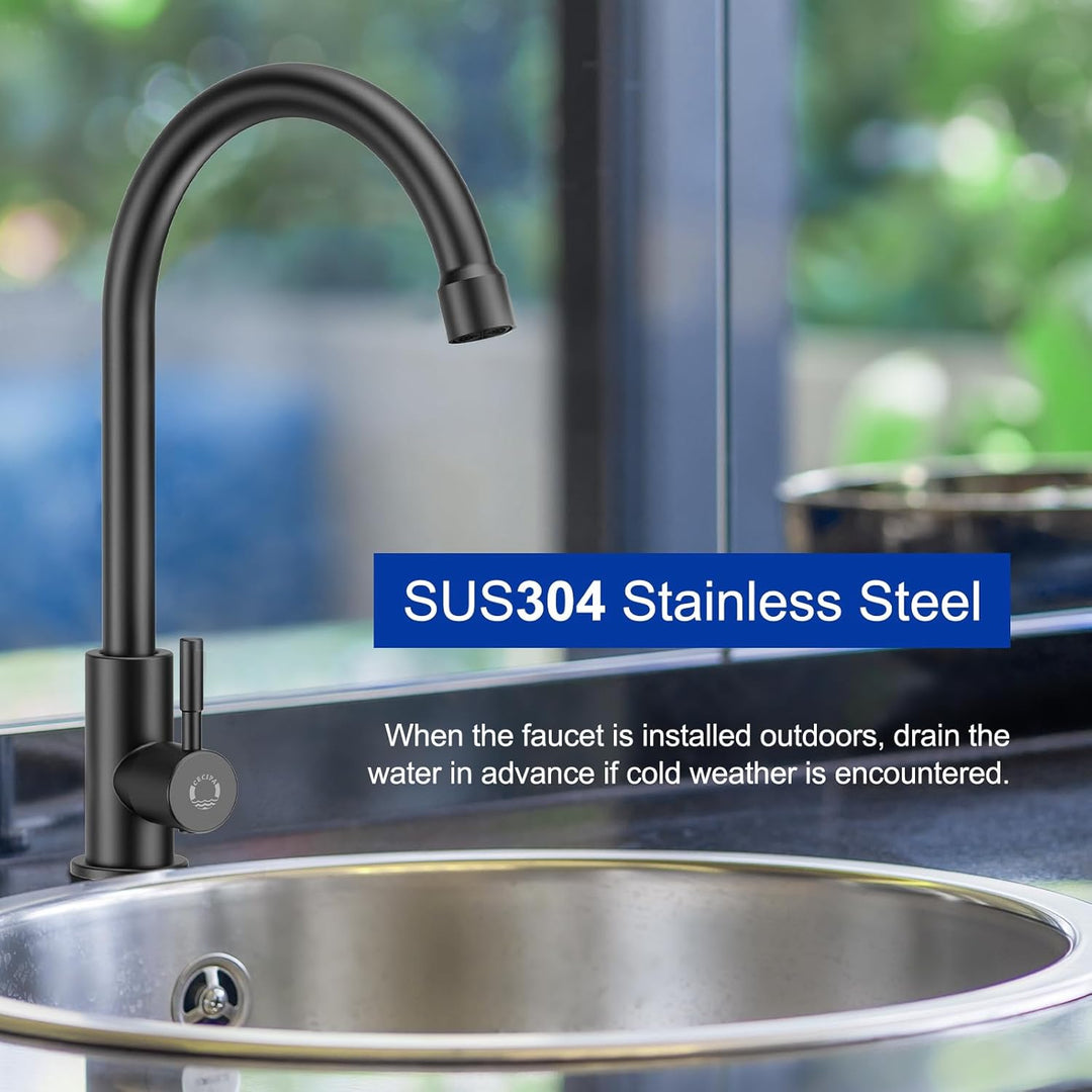 CECIPA Kaltwasserhahn Schwarz, Wasserhahn nur für Kaltwasser mit Edelstahl-Muttern 304, Wasserhahn K