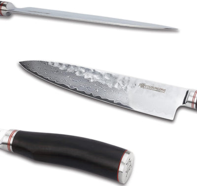 YOUSUNLONG Kochmesser 10 Zoll Pro Gyuto Japanisch Gehämmerter Damaststahl Natur Bleiholzgriff mit Le