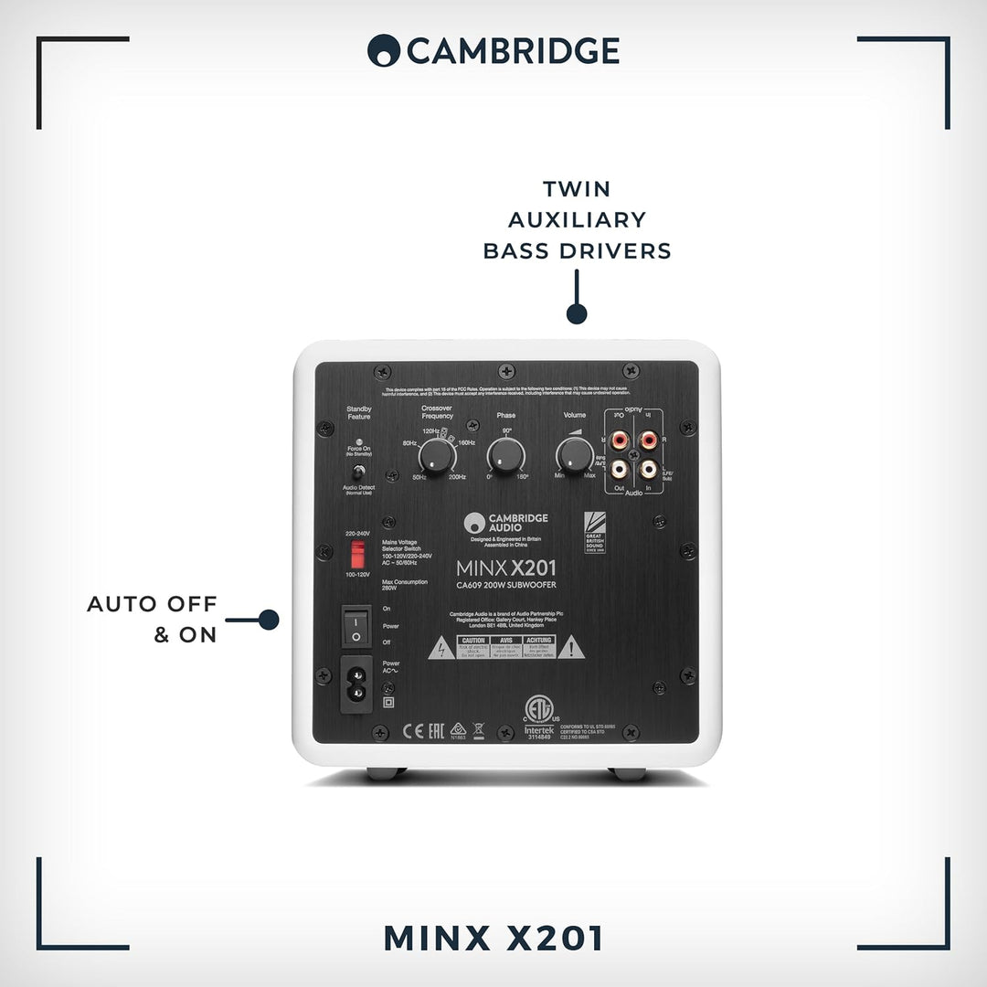 Cambridge Audio Minx X201-200 Watt Aktiv-Subwoofer mit Zwei zusätzlichen Basstreibern und voll einst