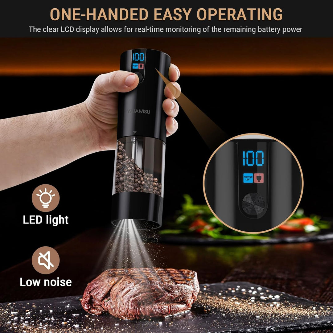 Elektrische Salz- und Pfeffermühle Set, 2 Stück, LED-Display, Einstellbare Mahlgrade, Schwarz (Schwa