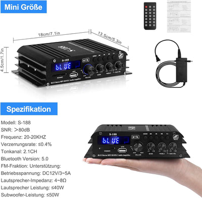 HiFi Verstärker S-188 2.1-Kanal Bluetooth 5.0 Mini Audio Verstärker RMS 40Wx2+50W Max.600W Leistung