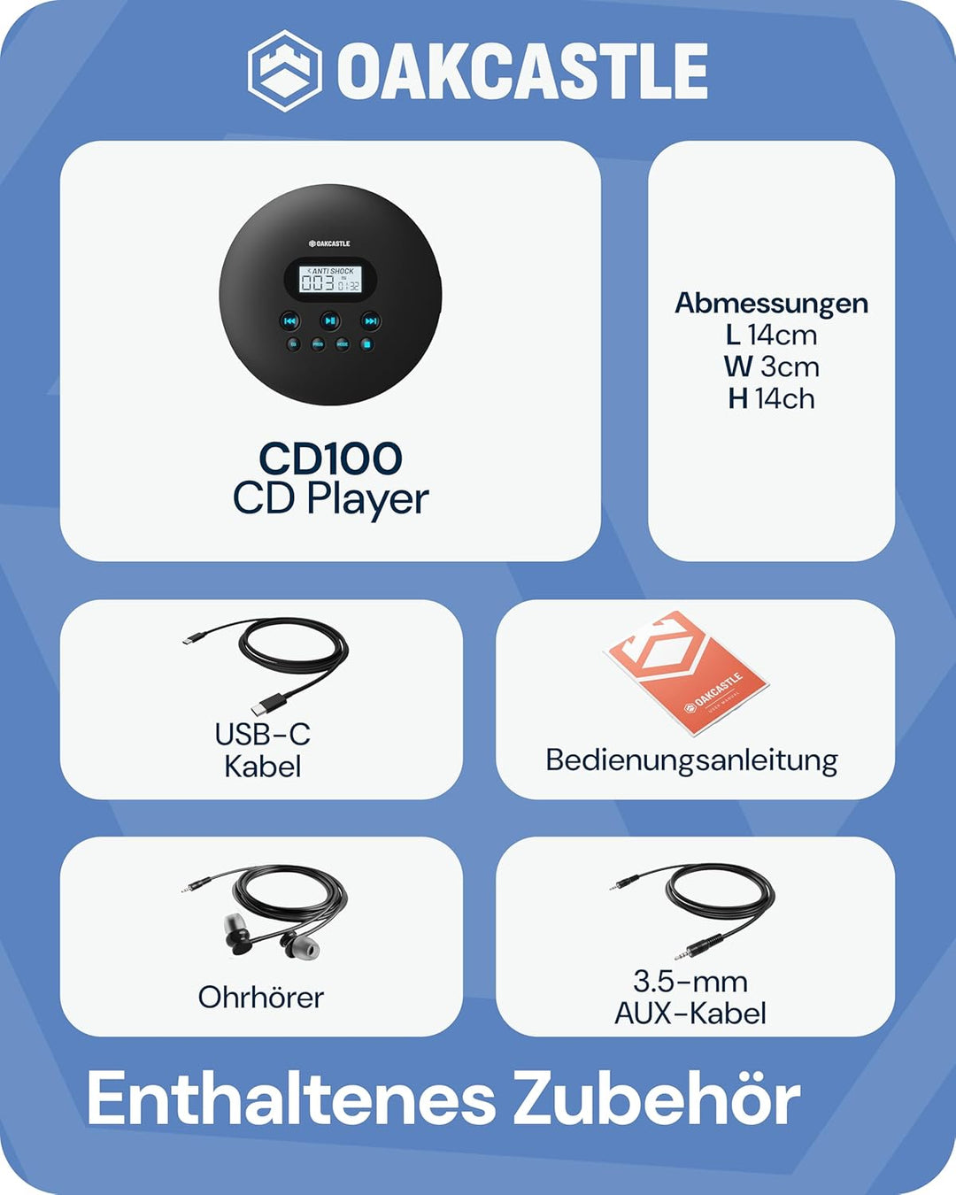 Oakcastle CD100 Tragbarer Retro-CD-Player mit Bluetooth, inklusive Kopfhörer mit Kabel, Kleiner CD P