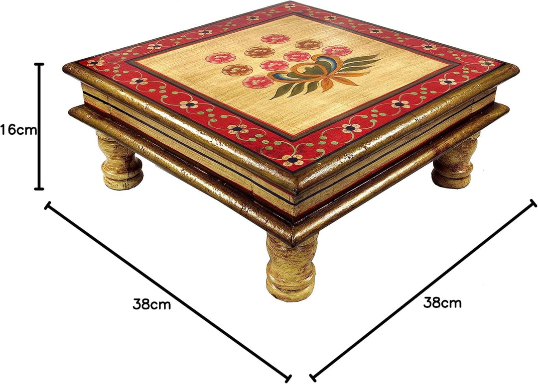 GURU SHOP Bemalter Kleiner Tisch, Minitisch, Blumenbank - Blümchen Gelb/rot, 16x38x38 cm, Kaffeetisc