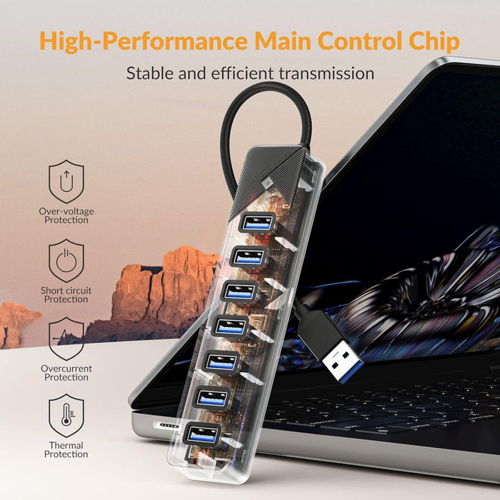 GiGimundo PG7U USB Hub 3.0, 7-Port USB Verteiler, 15CM Kurz Kabel mit 5V/3A Stromeingang, Mehrfach U