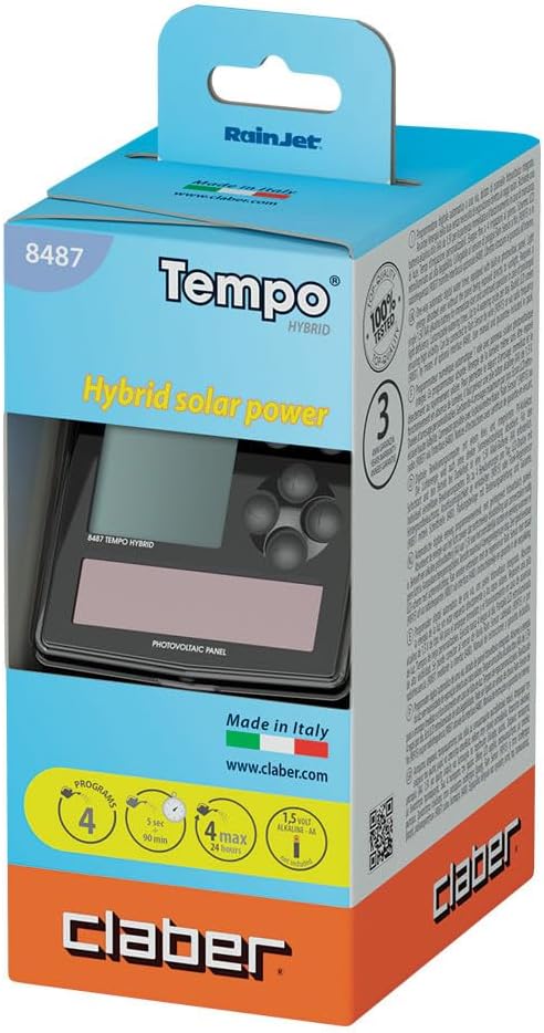 Claber Tempo Hybrid, Automatischer EIN-Wege-Bewässerungscomputer mit integriertem Photovoltaikmodul