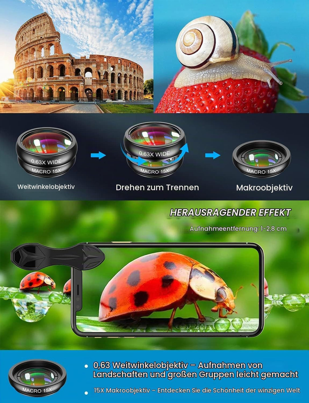 APEXEL 10 in 1 Handy Objektiv Kamera Linse Kit Weitwinkel&amp;Makroobjektiv+Teleobjektiv+Fisheye objekti