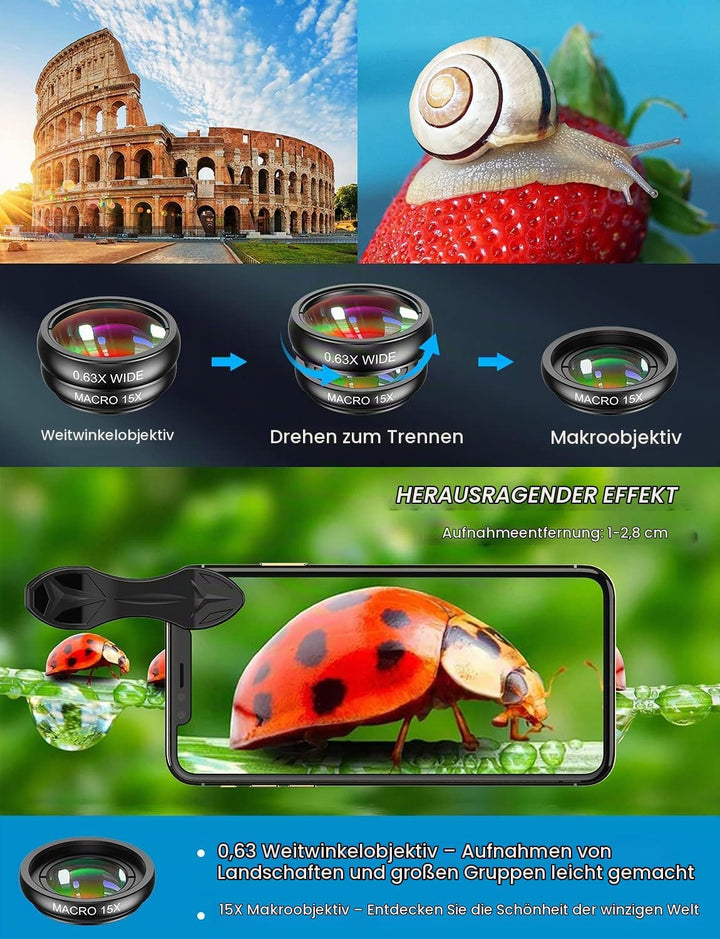 APEXEL 10 in 1 Handy Objektiv Kamera Linse Kit Weitwinkel&amp;Makroobjektiv+Teleobjektiv+Fisheye objekti