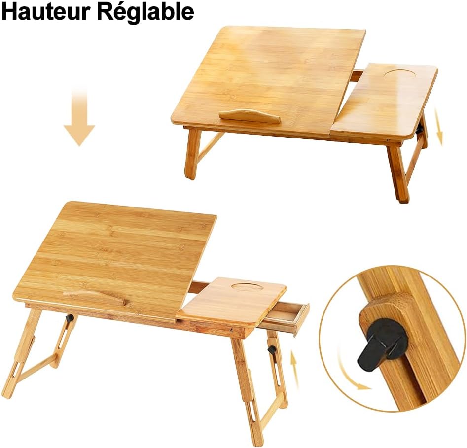 Klappbarer Betttisch aus Bambus für Laptop, neigbar, Computertisch mit einer kleinen Schublade, Lapt