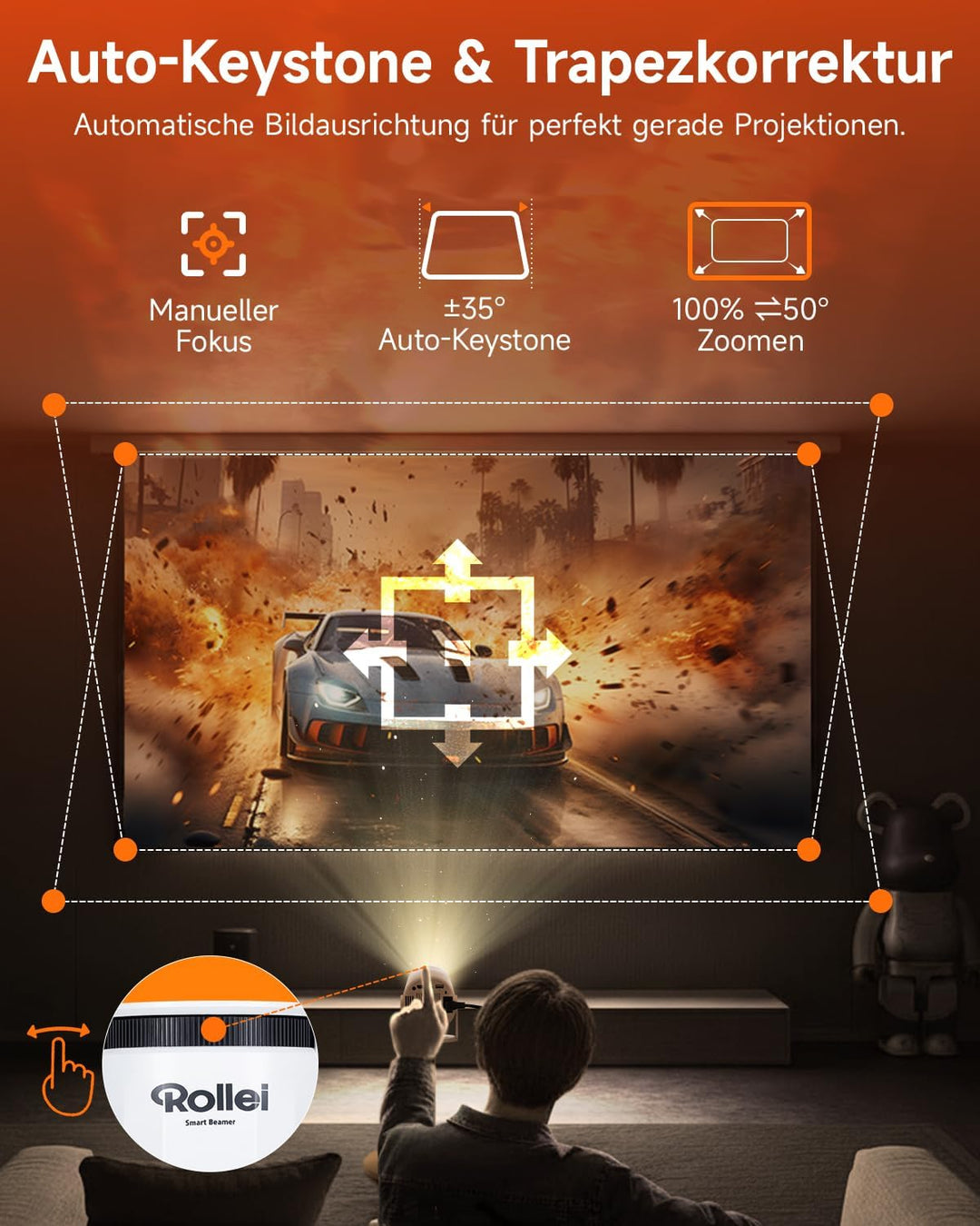 Rollei Smart Beamer 4K SB-502 Mini Projector Klein mit Auto Keystone ±35°