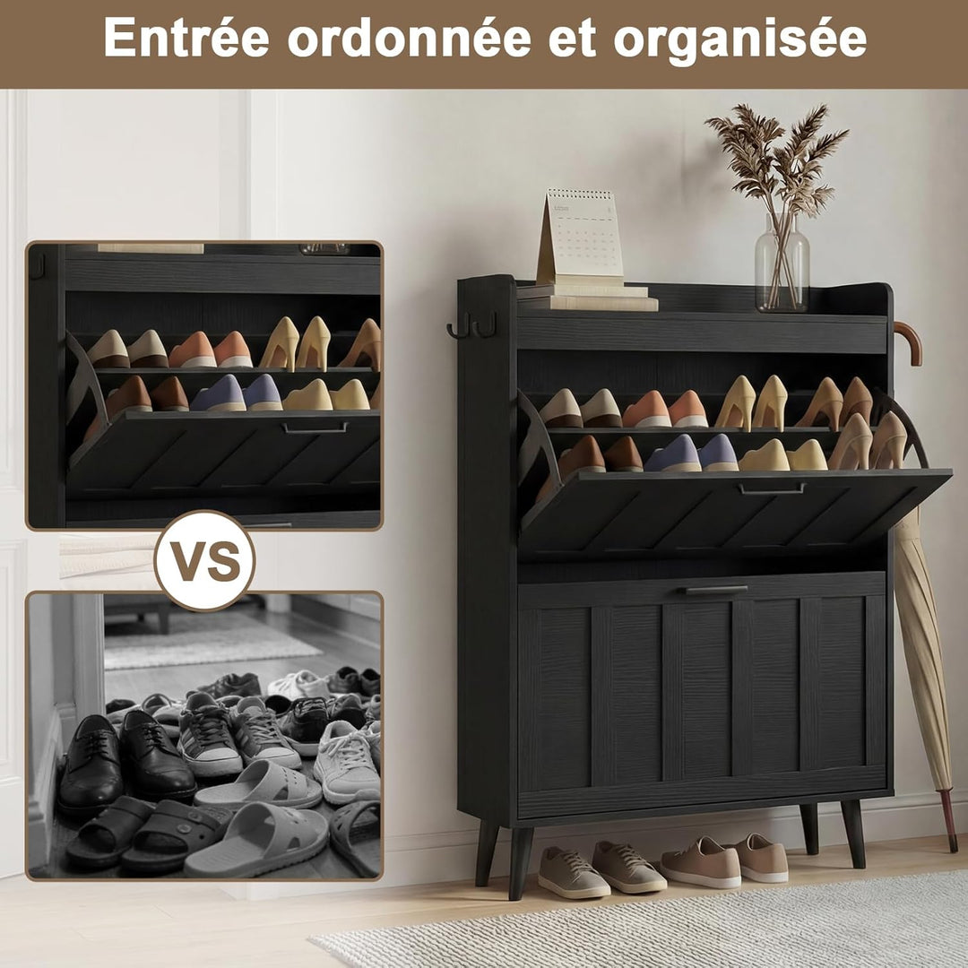 Schuhschrank Schmal mit 2 Klappschubladen, Landhausstil Schuhaufbewahrung für Flur Wohnzimmer, Kipps