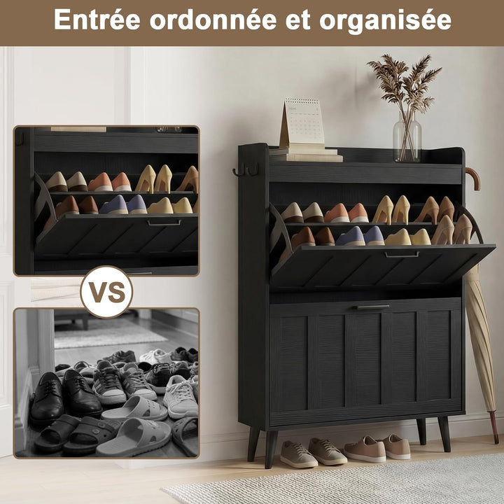 Schuhschrank Schmal mit 2 Klappschubladen, Landhausstil Schuhaufbewahrung für Flur Wohnzimmer, Kipps