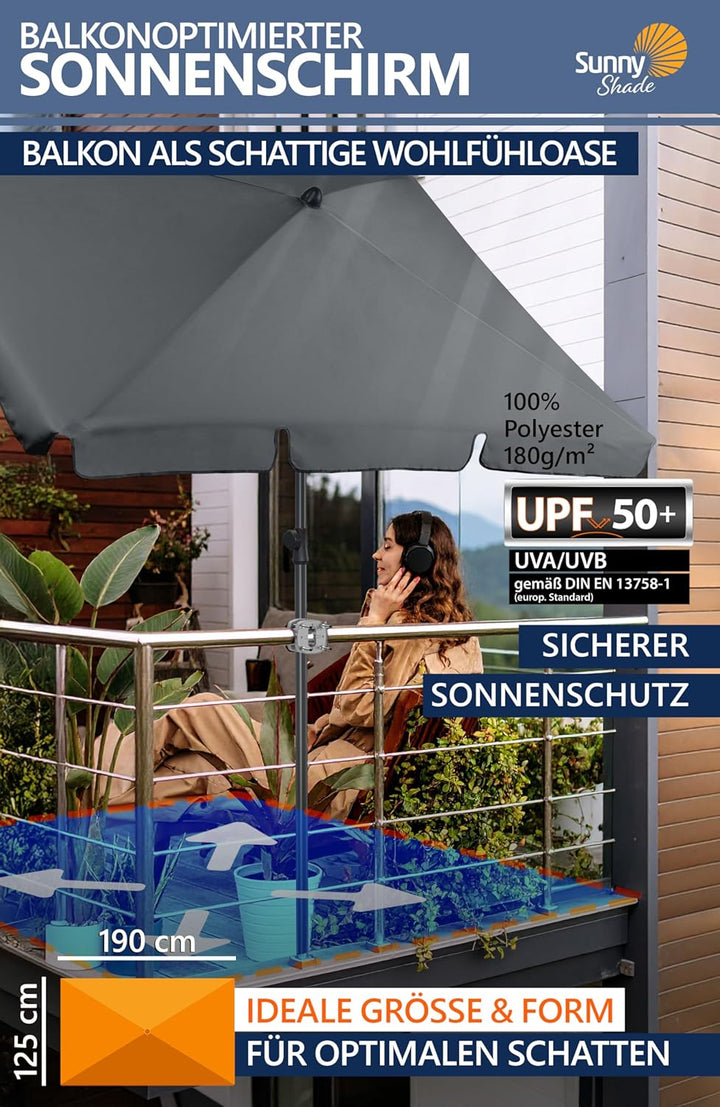 4smile Sonnenschirm Balkon 3-in-1 SET, Anthrazit | UPF 50+ Sonnenschirm rechteckig 200 x 125 cm + So