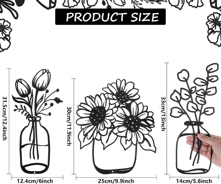Hotop 3 Stück Metall Blumen Wanddekoration Minimalistische Vase Wandkunst Schwarze Tulpe Draht Eisen