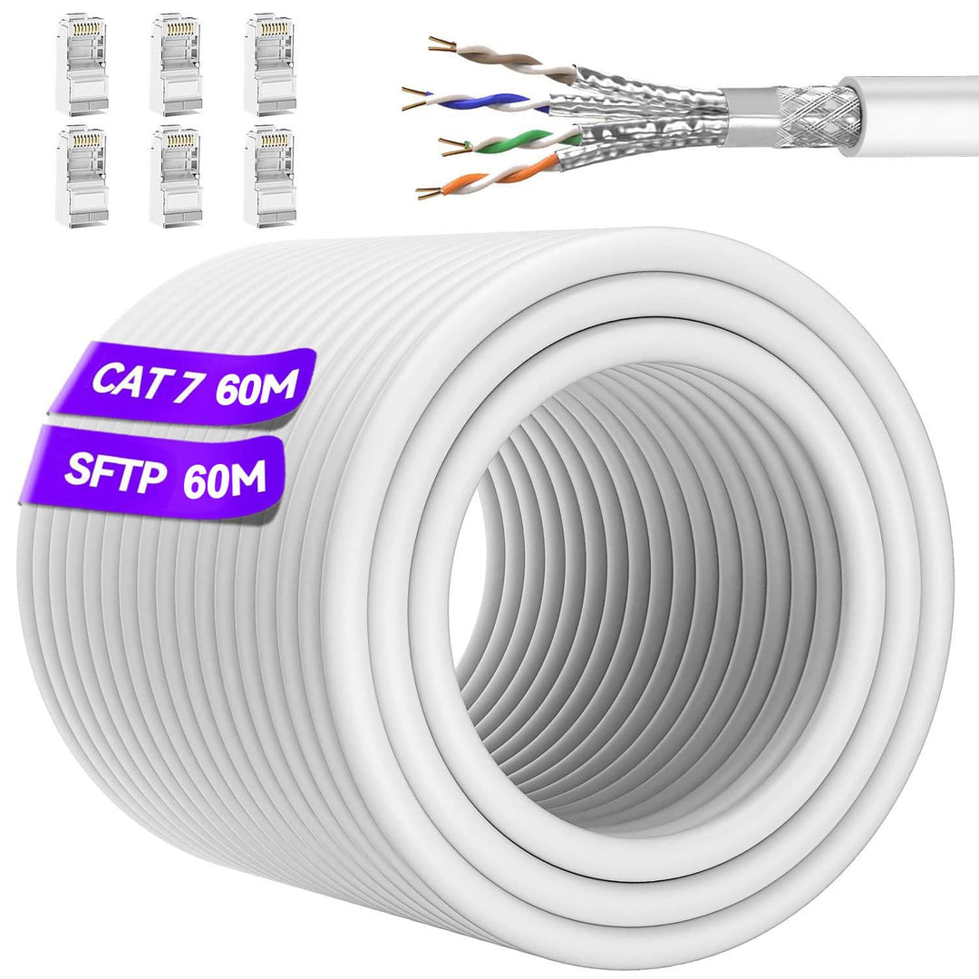 Soibke LAN Kabel 60 Meter, Netzwerkkabel 60m Cat 7, Wlan Kabel Weiss Geschirmt S/FTP Ethernet Weiss