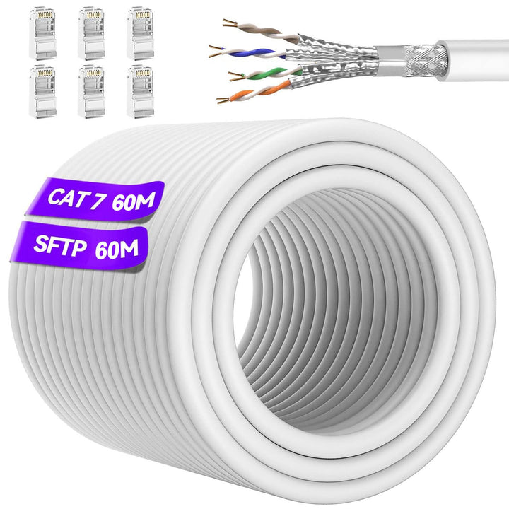 Soibke LAN Kabel 60 Meter, Netzwerkkabel 60m Cat 7, Wlan Kabel Weiss Geschirmt S/FTP Ethernet Weiss