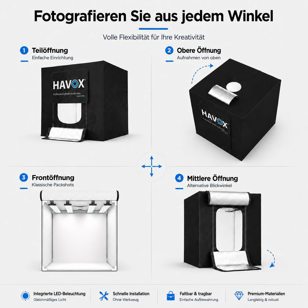 HAVOX - Fotostudio HPB-60XD - Masse 60x60x60cm - 4X Dimmbare LED-Beleuchtung Tageslicht 5500k - 26,0