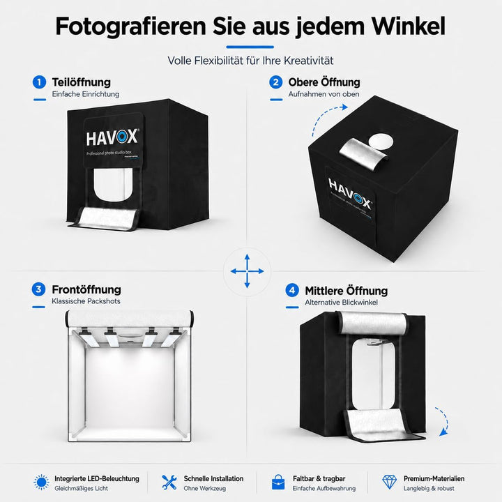 HAVOX - Fotostudio HPB-60XD - Masse 60x60x60cm - 4X Dimmbare LED-Beleuchtung Tageslicht 5500k - 26,0