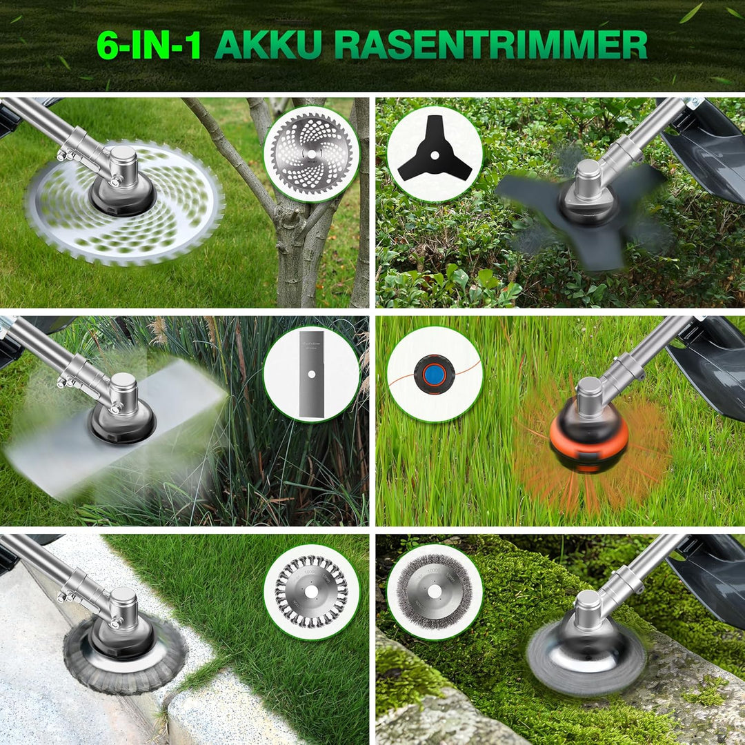 6- IN-1 Rasentrimmer mit Akku, 21V Rasentrimmer Bürstenloser Motor, 2 x 4.5Ah Batterien Akku Motorse