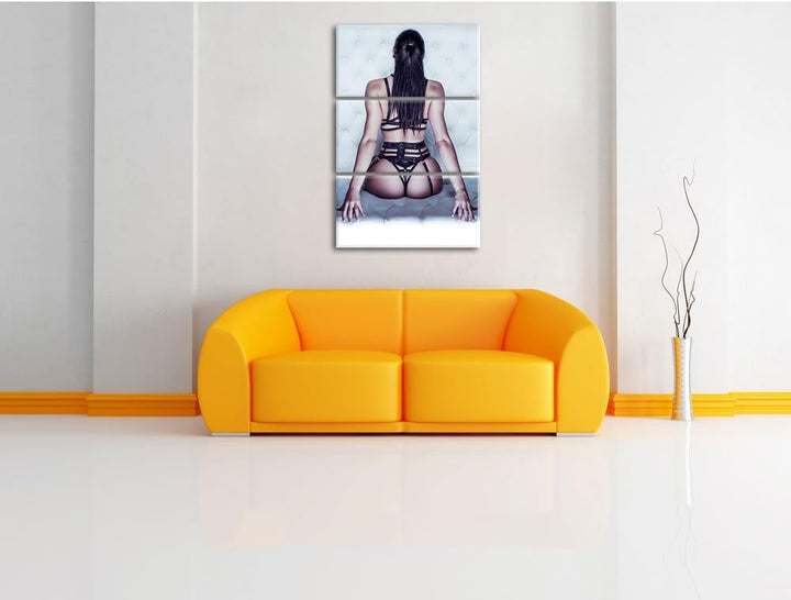 Pixxprint Brünette Frau in sexy Dessous 3-Teiler Leinwandbild 120x80 Bild auf Leinwand