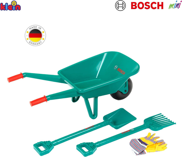 Theo Klein 2660 Bosch Gartenset mit Schubkarre | Mit Schaufel, Rechen und Arbeitshandschuhen | Masse