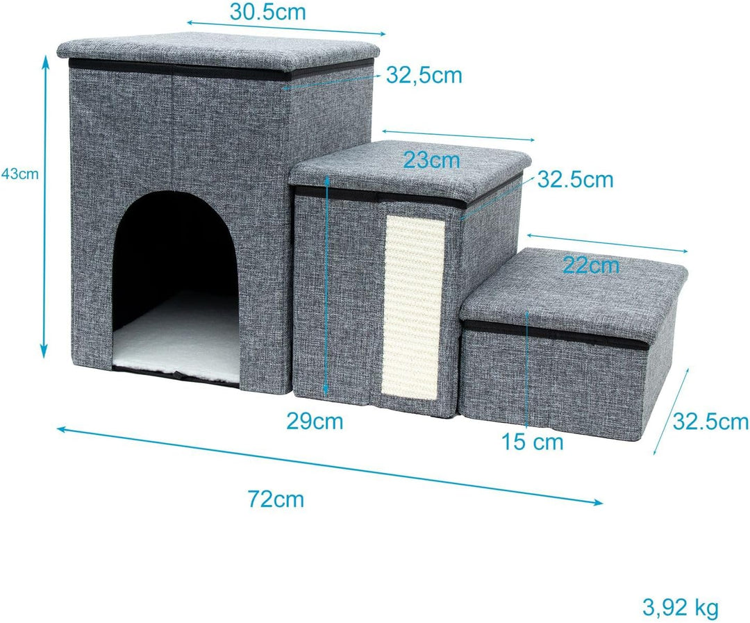 Intirilife Faltbare Hundetreppe mit 3 Stufen in Grau -72x32,5x43 cm- Haustiertreppe mit Stauraum -Ka