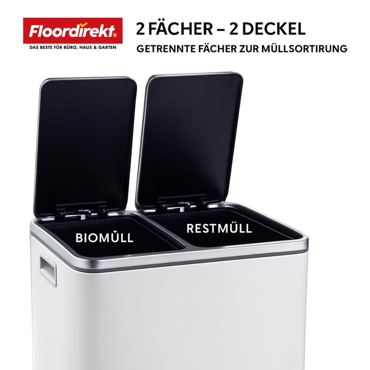 Floordirekt Mülleimer Küche 2×30L Weiss | 2-Fach Mülltrennung, Treteimer Küche, Metall, Soft-Close,