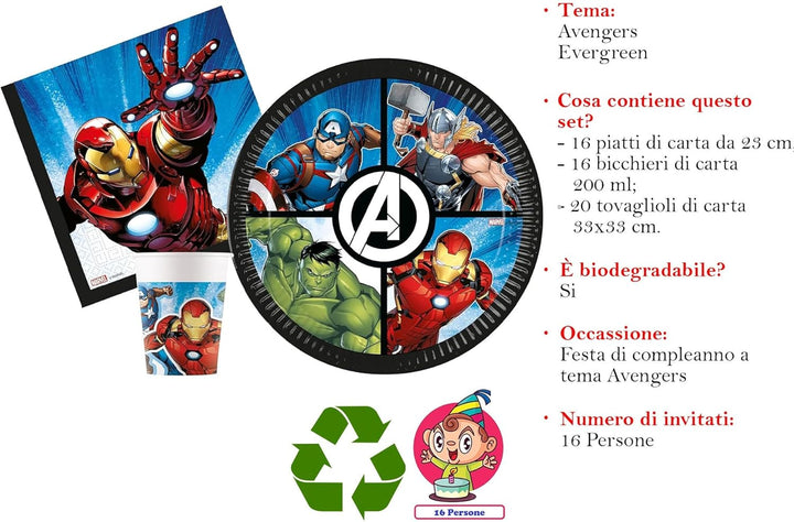 Isola Party Umweltfreundliches Avengers Mighty Geburtstagsparty-Set (16 Teller, 16 Tassen, 20 Servie