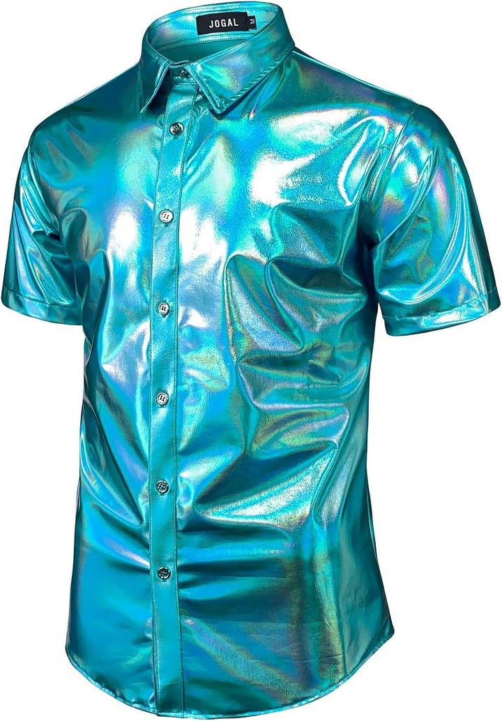 JOGAL Herren Metallic Glänzend Bronzing Nachtklub Party Hemd Blau Schimmern XXL, Blau Schimmern XXL