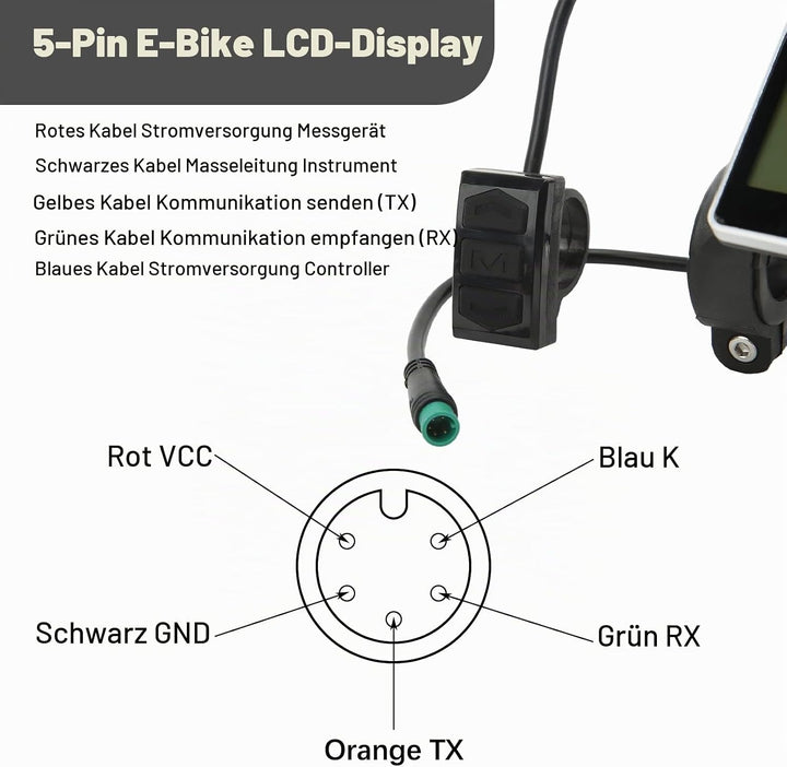 Elektrofahrrad LCD Display, 24V 36V 48V 60V 5-polig Elektrofahrrad-LCD-Messgerät mit Wasserdichter S