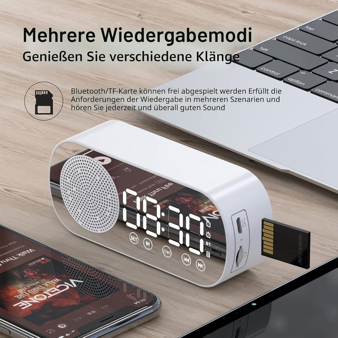 Elektrischer Wecker, Grosses Display, Drahtloser Bluetooth 5.0-Lautsprecher, Wecker mit Spiegeloberf