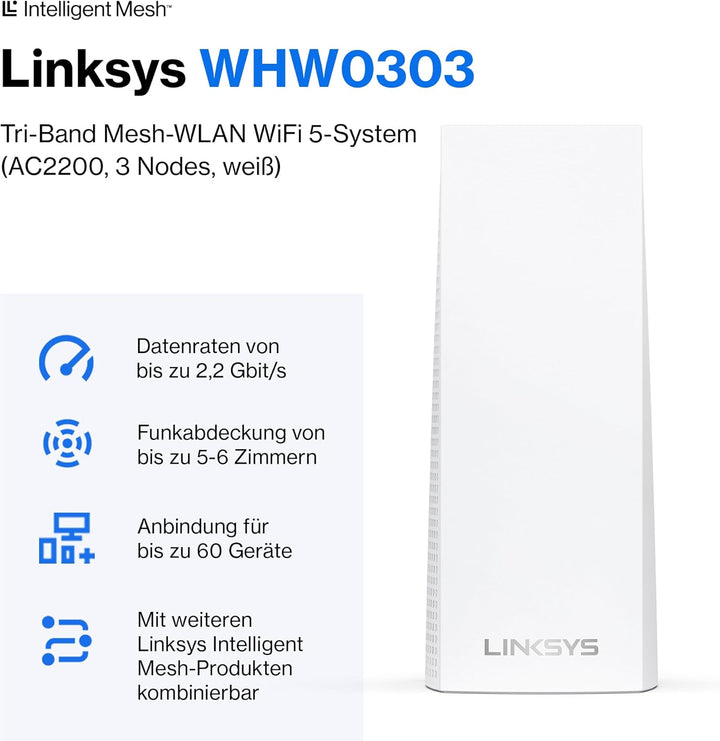 Linksys WHW0303-EU AC6600 WLAN Access Point 2.4GHz, 5GHz, Weiss, 3 Pack / 4+ Bedrooms AC2200 | Tri-B