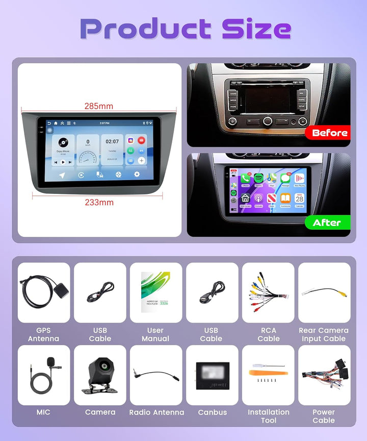 Rimoody 4G+64G Android 15 Autoradio für Seat Altea 2004-2015 Toledo 2004-2009 Wireless Carplay Andro
