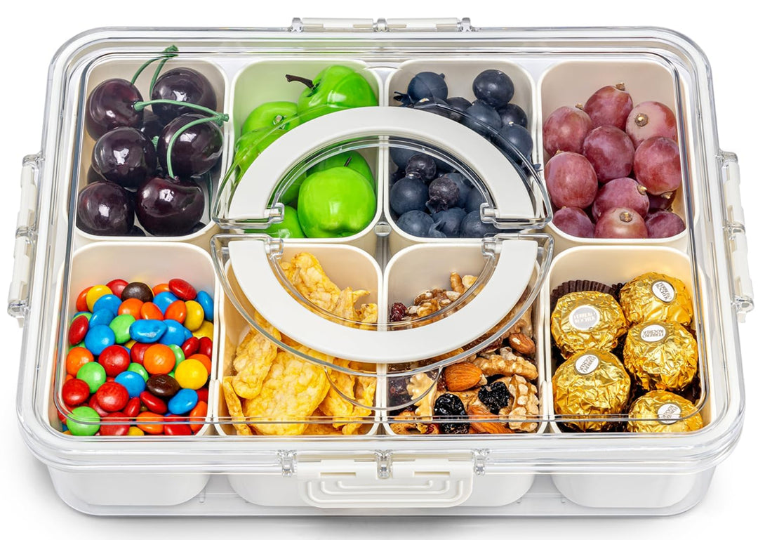 Snackbox mit Fächern Snackteller mit Deckel,Unterteilte Servierplatten für Süssigkeiten, Obst und Le