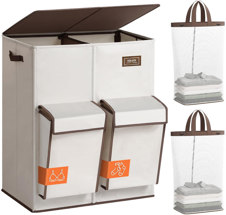 SOLEDI 180L Wäschekorb mit Deckel, Wäschesammler 2 Fächer mit 2 Seitentaschen, Laundr Baskets mit 2