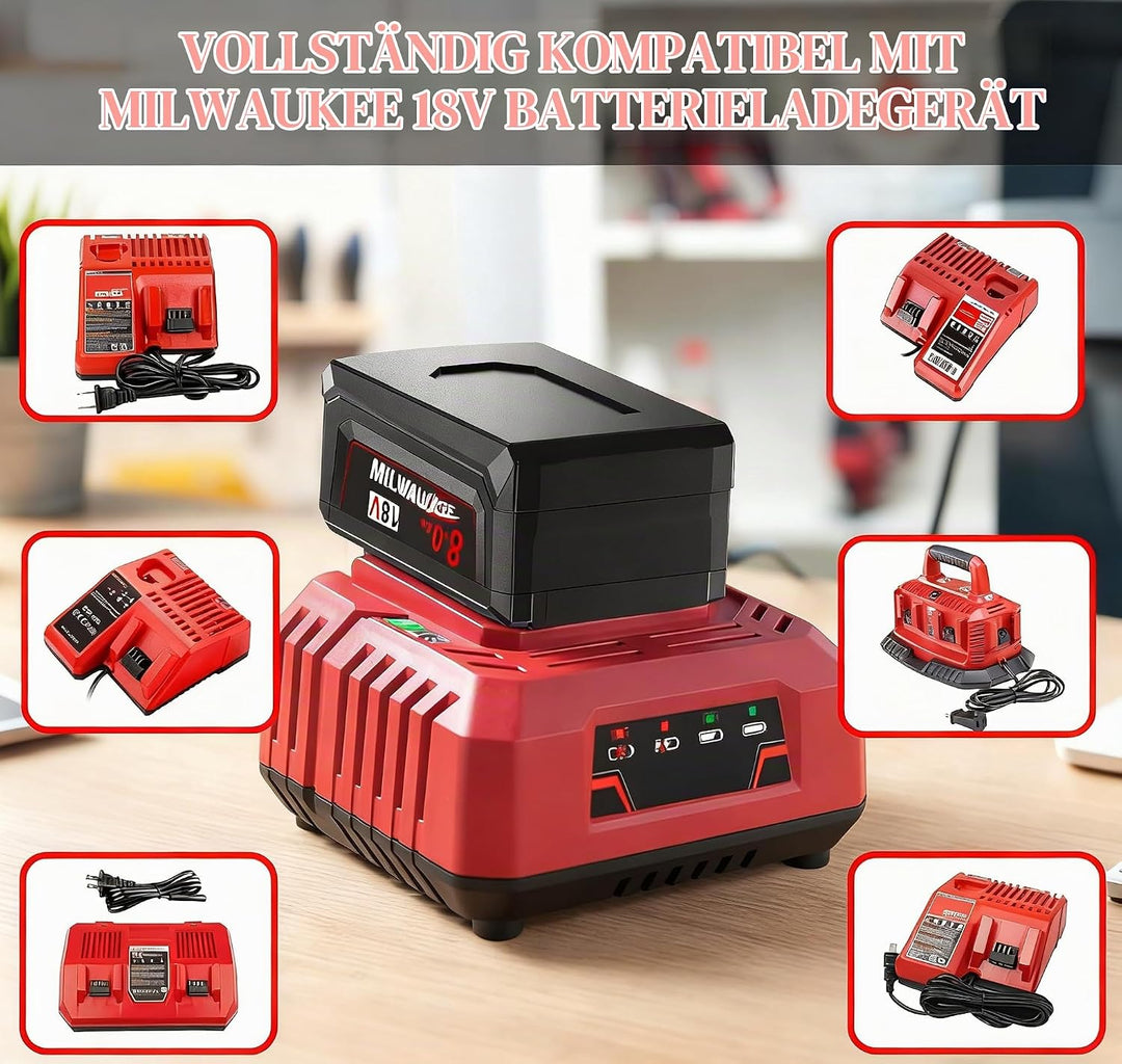 2X 18V 8.0Ah/8000mAh Ersatzakku für Milwaukee M18 + 4A Ladegerät Kompatibel für Milwaukee 18V Akku M