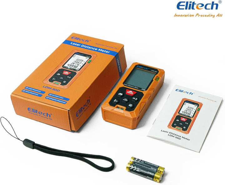 Elitech LDM-50-Series Laser Entfernungsmesser 50m Reichweite, ±2mm Genauigkeit, Flächen-/Volumen-/Py