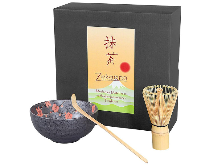 Aricola Matcha-Set 3-teilig, 250ml anthrazit rot, bestehend aus Matcha-Schale, Matcha-löffel und Mat