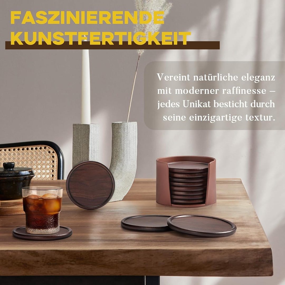 GOH DODD Getränkeuntersetzer aus Holz mit Lederhalter, 10,2 cm, 8 Stück, Holz-Untersetzer, Tassenunt