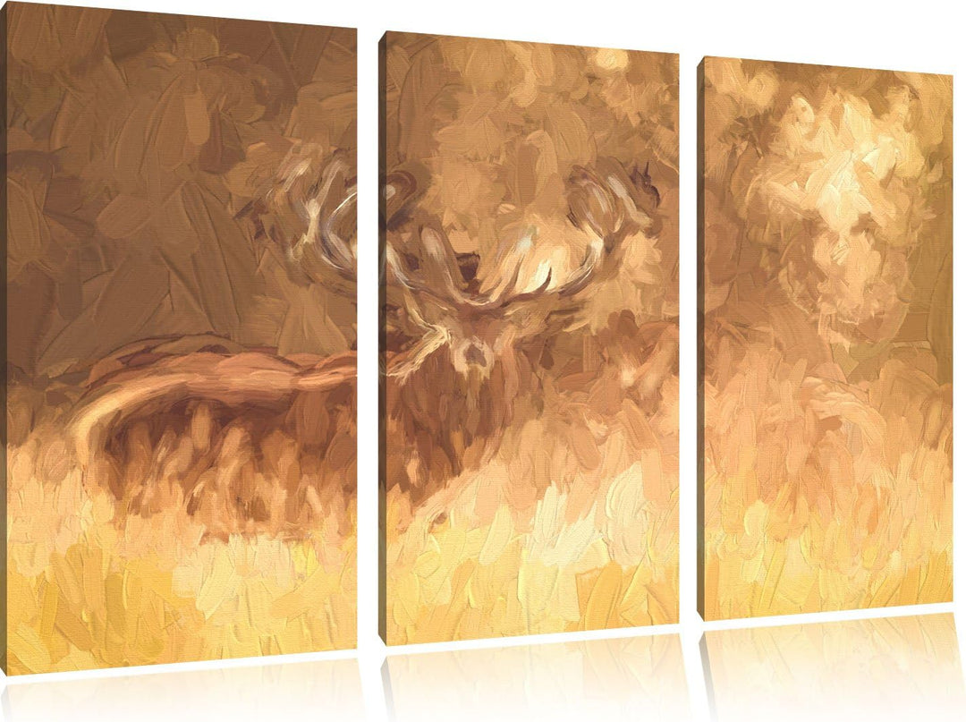 Pixxprint Rotwild im Morgenlicht / 3-Teilig/Gesamtmass 120cm Leinwandbild bespannt auf Holzrahmen/Wa