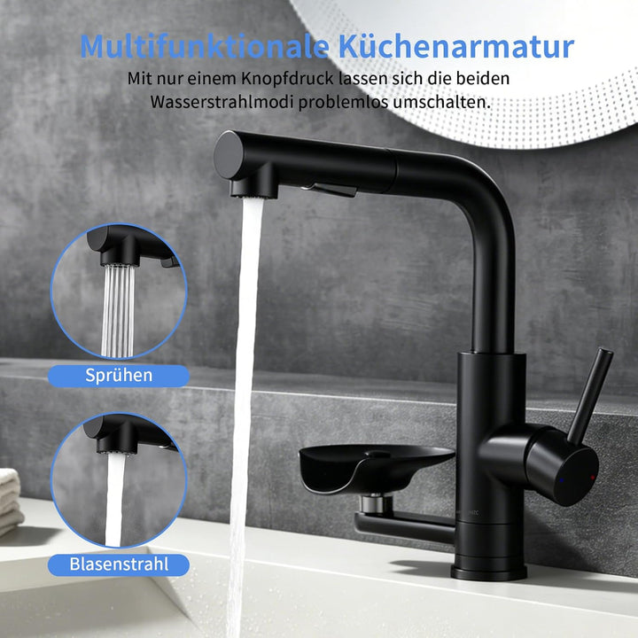Küchenarmatur Schwarz mit Glasspüler, Ausziehbarer Einhebelmischer | LakeBayMZC Wasserhahn Küche mit
