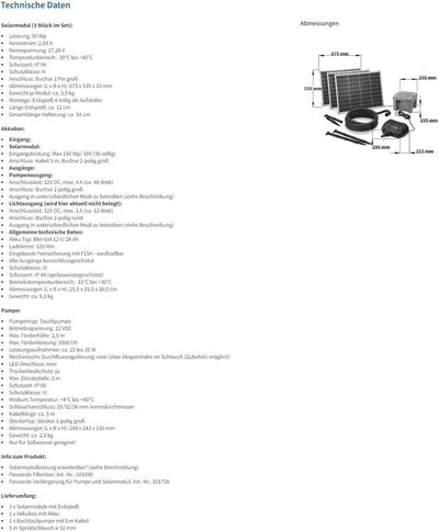 Solar Bachlaufset Professional mit 12V/24Ah Akkuspeicher und 3 x 50W Solarmodul - 3.500 l/h Förderle