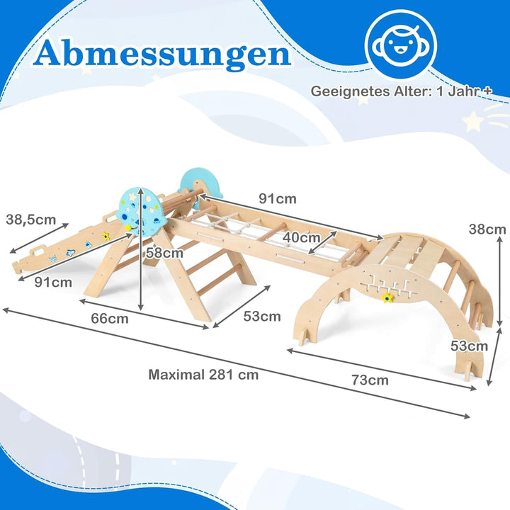 FANTASK 7 in 1 Klettergerüst Indoor, Kletterdreieck 4er Set mit Rutsche, Kletterbogen, Netz, inkl. d