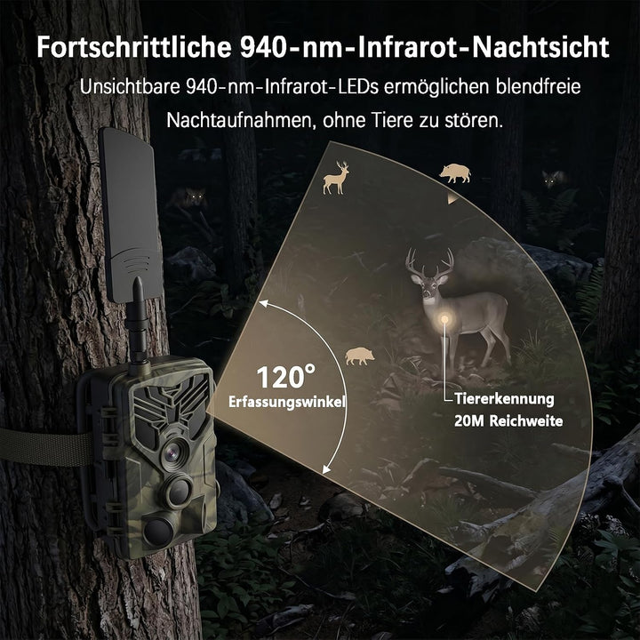 Wildkamera 4G APP, 120 MP 4K, Wildtierkamera mit SIM-Karte, Telefon-Sende-Foto, Nachtsichtkamera 940