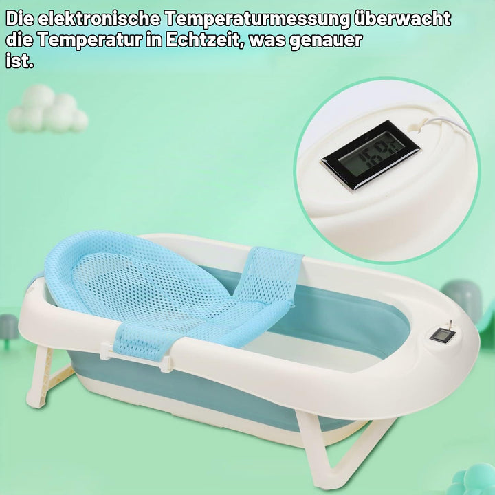 50L Baby Badewanne mit Anti Stütze und Echtzeit-Temperaturmessung, Faltbare Babywanne für Babys 0-6